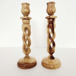 Pair Of Bethlehem Olive Wood Spiral Candlesticks Handcarved Taper Candle Holders